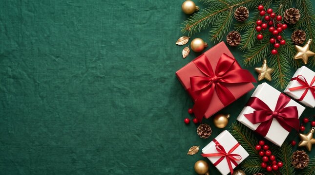 Festive christmas background with red and white gift boxes on green fir branches with copy space