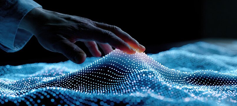 Hand touching a luminous blue digital landscape of abstract particles