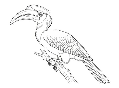 A hornbill perches on a branch. The bird has a large, curved beak and a distinctive casque on its head.