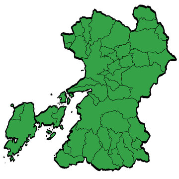 熊本県地図 市町村区分 緑色 筆タッチ 和風 西日本 / A brushstroke map of Kumamoto Prefecture / green