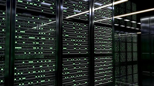 Sliding motion along the aisle in the server room and approaching a server rack with flashing neon green and blue lights. 3d animation