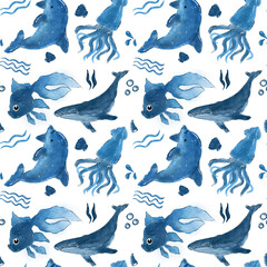 Fototapeta premium Seamless fish pattern with blue color on white background, perfect for fabric, wallpaper, wrapping paper, and digital design projects