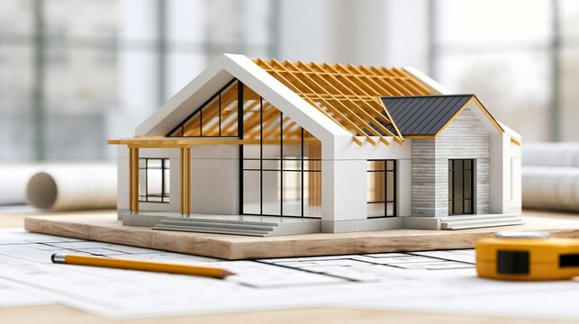 modern house architectural model with exposed roof framing placed on construction blueprints, measuring tape and pencil, ultra realistic architectural photography