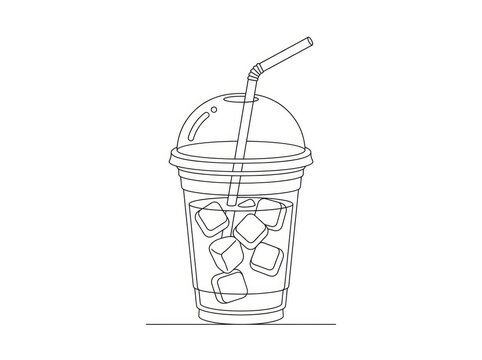 A line drawing depicts a plastic cup filled with ice cubes and a straw. The cup has a clear lid and a circular opening.