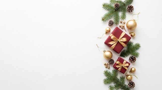 Festive christmas background with gift boxes and pine branches arranged on the right side with copy space