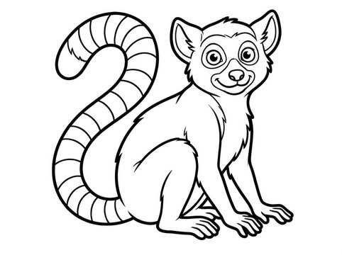 A cute lemur sits and looks at the viewer. The lemur has a long, striped tail.