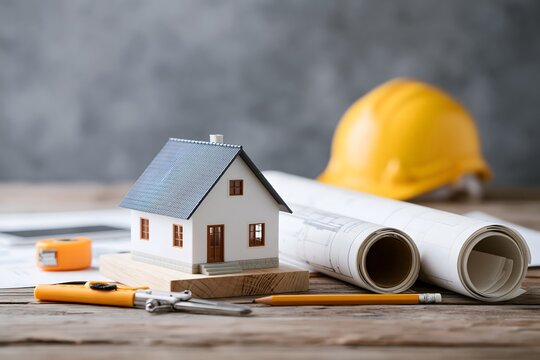residential construction planning with detailed house model, rolled architectural drawings and engineering tools, premium realistic photography