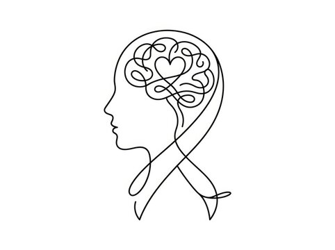 A continuous line drawing depicts a woman's head with a stylized brain inside. The brain is formed by a heart-shaped pattern intertwined with intricate lines.