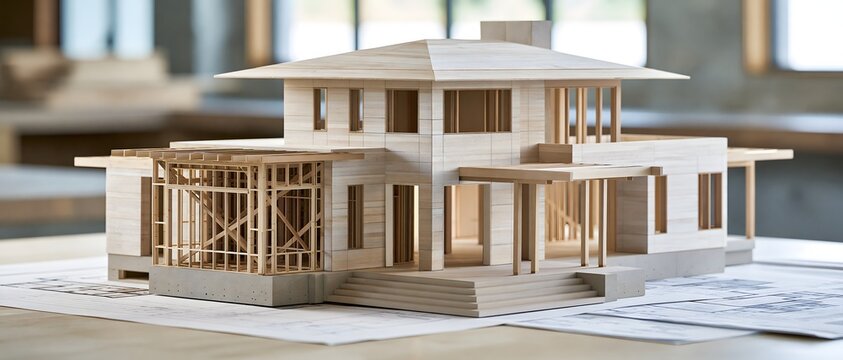 contemporary residential architecture project with house model, structural framework and construction documents, premium commercial photography
