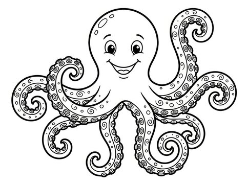 A cute, smiling octopus is depicted in black and white. The octopus has a friendly expression and is surrounded by swirling patterns on its arms.