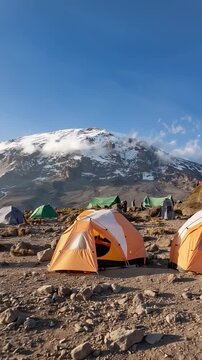 Mount Kilimanjaro. Kilimanjaro National Park in Tanzania, Africa. Trekking and climbing to the summit. Aerial view in vertical video. establishing shot.