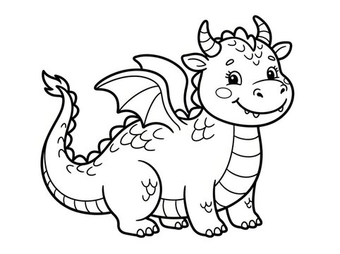 A cute, cartoon dragon sits playfully on its hind legs. The dragon has a friendly expression with large eyes and a small smile.