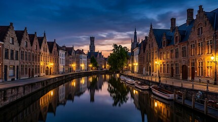 Fototapeta premium Scenic medieval architecture along a canal in bruges at twilight
