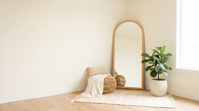 Cozy corner with arched rattan mirror and fiddle leaf fig