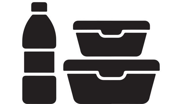 Minimalist black silhouette icon of a water bottle and stacked food containers representing meal prep and packed lunches.