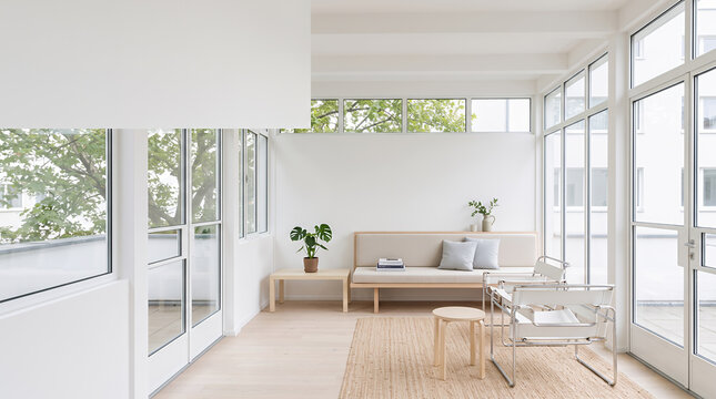 Sunlit minimalist sunroom with daybed and modernist tubular chairs