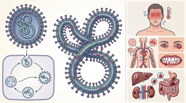 Medical illustration of ebola virus structure life cycle and human body symptoms showing internal organ damage and fever