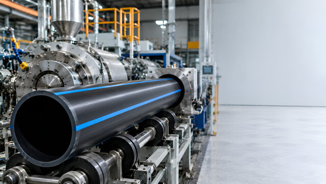 Close Up of Modern HDPE Pipe Manufacturing Factory with Automated Extrusion Production Line and High Tech Industrial Equipment