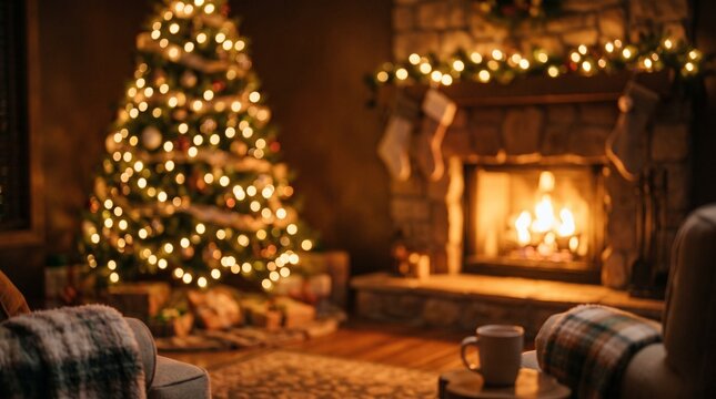 Cozy living room interior with a glowing christmas tree and a warm fireplace during the holiday season