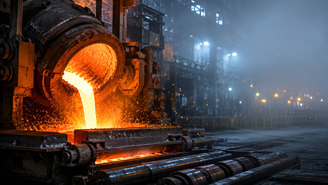 Close Up of Modern Basic Metal Industry with Molten Steel Flow and Industrial Furnace
