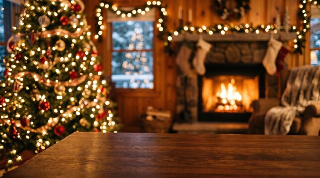 Cozy living room interior with a decorated christmas tree and a warm fireplace glowing in the background
