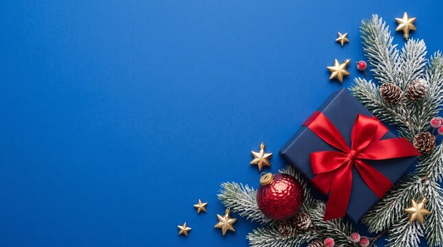 Festive christmas gift box with red ribbon and pine branches on a vibrant blue background with copy space