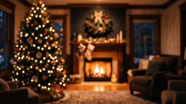 Cozy living room interior decorated for christmas with a glowing fireplace and a beautifully lit christmas tree