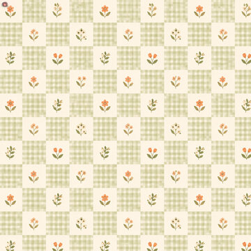 Small checkered sewing fabric with wooden texture pink flowers on cream background