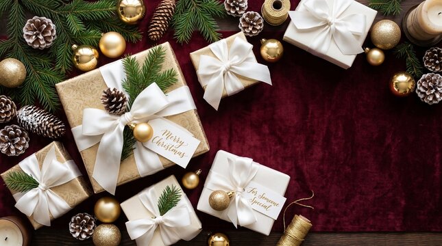 Festive christmas gift boxes wrapped in white paper with ribbons and golden ornaments on a dark background