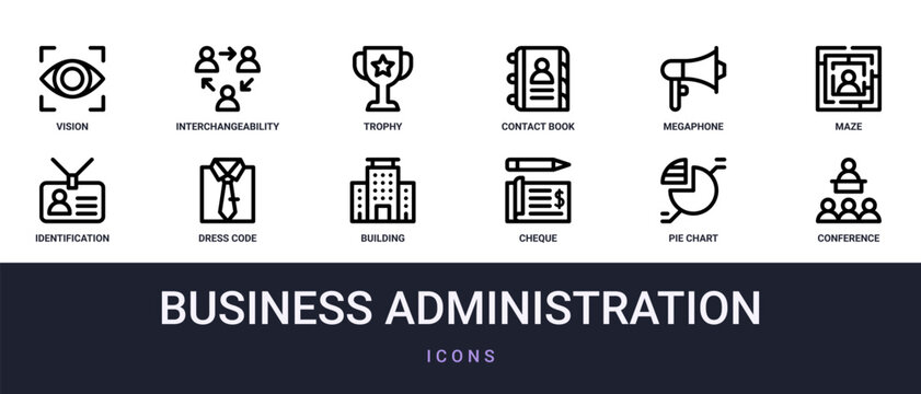 Set of 12 outline web Business Administration icons such as conference, pie chart, cheque, building, dress code, identification, maze vector icons for report, presentation, diagram, web design,