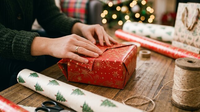 Close up of person hands wrapping a christmas gift in red paper on a rustic wooden table