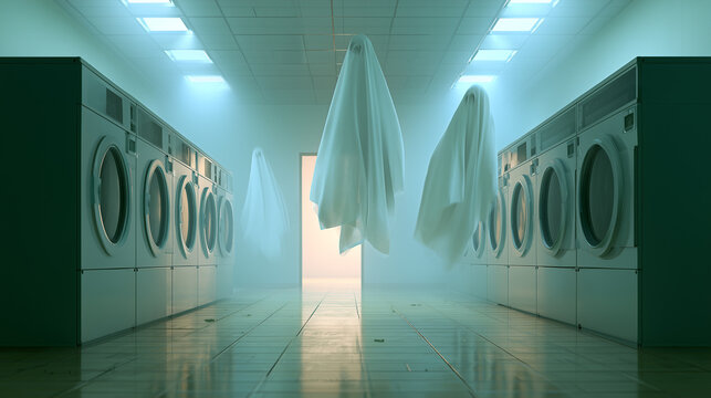 Haunted ghosts floating through eerie laundromat with washing machines in spooky Halloween scene