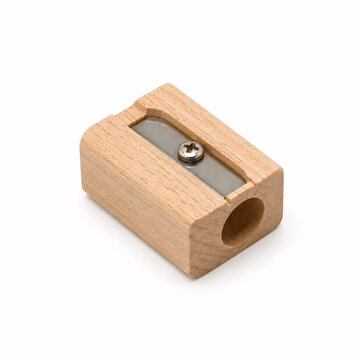 Wooden pencil sharpener with metal blade and natural finish