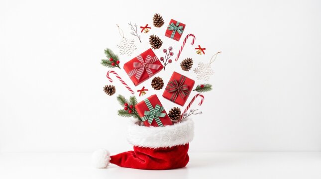 Festive christmas stocking overflowing with gift boxes candy canes and pine branches on a white background