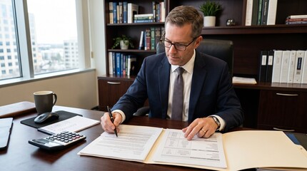 Obraz premium Professional businessman in a suit sitting at his office desk writing in a folder with a pen