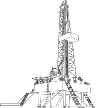 Land oil drilling rig vector illustration, onshore petroleum derrick tower wireframe line art design