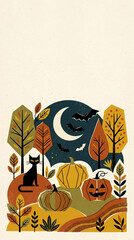 Obraz premium Halloween illustration in mid-century modern style, geometric pumpkins, crescent moon, black cat, bats and stylized autumn trees 