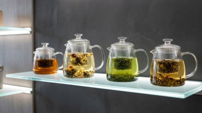 Set of four glass teapots with different tea varieties on a shelf.