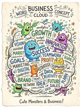 Cute monsters with business word cloud concept for growth and strategy