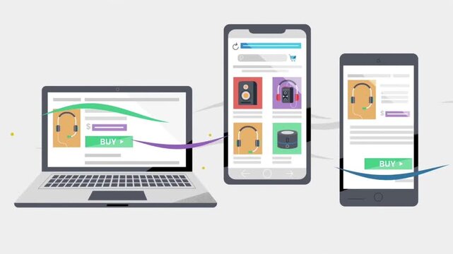 Animated Modern Laptop Smartphone Tablet Displaying Shopping App For E-Commerce, Retail, And Cross Platform Tech Ads