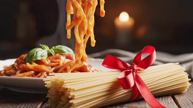 Silver fork lifting steaming cooked spaghetti with tomato sauce and basil garnish next to dry pasta bundle tied with a red ribbon on a rustic wooden table under warm atmospheric lighting.