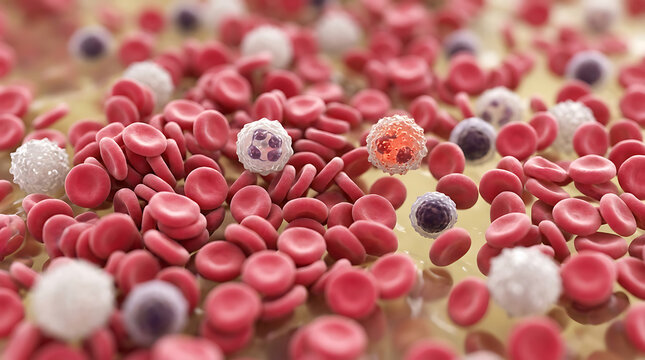 High-resolution microscopic view of blood components including red blood cells and white blood cells in human blood flow