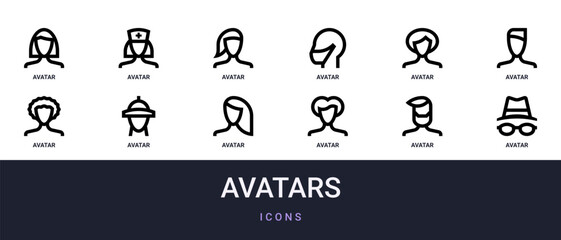 Fototapeta premium Set of 12 outline web Avatars icons such as avatar, avatar, avatar, vector icons for report, presentation, diagram, web design, mobile app