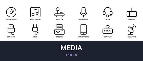 Set of 12 outline web Media icons such as parabolic antenna, keyboard, smartphone, printer, plug, usb cable, gamepad vector icons for report, presentation, diagram, web design, mobile app © Munis