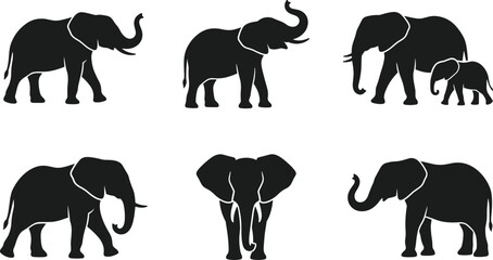 Elephant Silhouette Vector Set Featuring Raised Trunk Walking Standing and Baby Elephant Poses © its