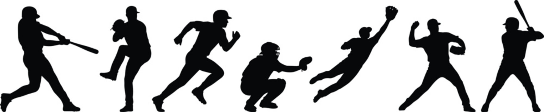 Baseball Player Silhouettes Vector Collection Featuring Pitcher Batter Catcher and Fielder Poses