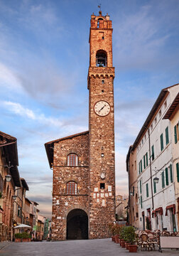 Montalcino, Siena, Tuscany, Italy, the medieval Palazzo dei Priori with its clock tower in the historic center of the ancient Tuscan town