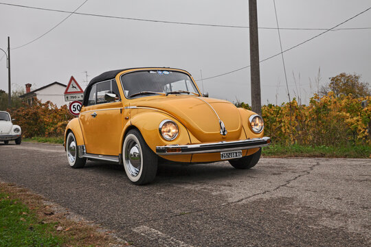 Vintage German car Volkswagen Type 1, Beetle, Cabriolet traveling during a classic car rally on November 4, 2018 in Lugo, Ravenna, Italy