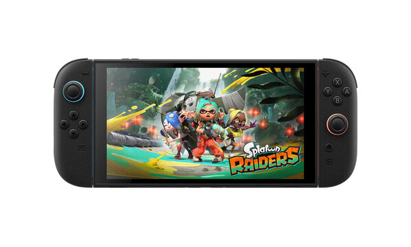 Splatoon Raiders Key Art Displayed on Nintendo Switch 2 Handheld Console Isolated on White Background
