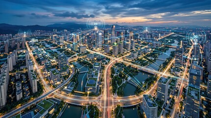 Obraz premium Aerial view of smart city with 5G network connections, IoT infrastructure, data flow, and futuristic urban technology landscape at twilight